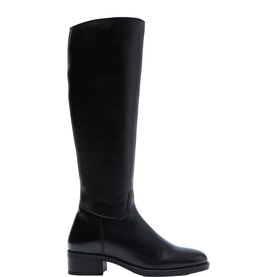 Black knee-high leather riding boot with smooth finish, low block heel, and inside zip fastening, shown in profile