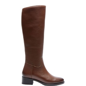 Tan leather knee-high riding boot with smooth finish, low block heel, and elasticated side panel, shown in profile against white background.