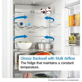 Bosch fridge interior showing Glossy Backwall with Multi Airflow system, maintaining constant temperature with blue airflow arrows