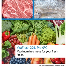 Bosch VitaFresh XXL Pro 0&deg;C fridge feature shown with fresh meat, fish, vegetables and fruits demonstrating maximum freshness storage.