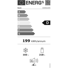 Bosch KGN362LDFG energy label, rated D, 199 kWh/annum, 103L freezer and 218L fridge capacity
