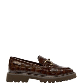 Carl Scarpa brown croc-effect leather loafer with gold snaffle hardware and chunky lug sole