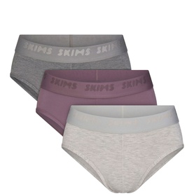 Skims Briefs 3Pk in Iris Heather Multi, showing grey, mauve and light grey marled styles with branded elastic waistband