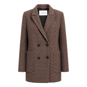 The Landskein Lucien Houndstooth Double-Breasted Blazer in Textured Tweed, long-line silhouette with patch pockets and lapels