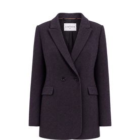 The Landskein Leon Double-Breasted Blazer in Chocolate & Navy lambswool, notch lapels, horn buttons, flap pockets