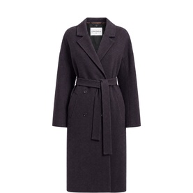 The Landskein Theo Double-Breasted Wrap Coat in Chocolate & Navy, full-length lambswool, notch collar, self-tie belt, horn buttons