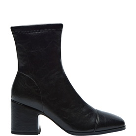 Carl Scarpa black leather sock ankle boots with square toe cap, block heel, and side zip fastening