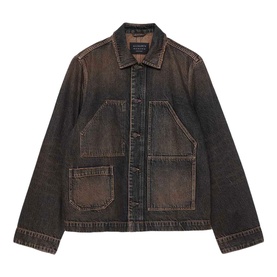 All Saints washed brown denim chore jacket with patch pockets and contrast stitching, button-front fastening