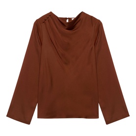 Rust brown satin long-sleeve top with draped cowl neckline, button back detail, and relaxed wide-cuffed sleeves