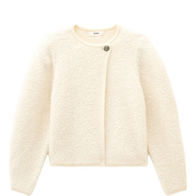 Bash ecru boucl&eacute; cardigan with round neck, single button fastening and long sleeves