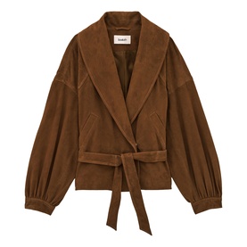 Bash Manon Belted Suede Jacket in brown with large cowl collar, rounded sleeves, ruffled cuffs, and detachable tie belt