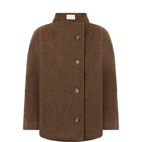 Anne Mi Brown Melange merino wool coat with high funnel neck, button-front fastening and relaxed silhouette