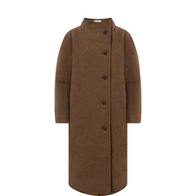 Anne Mi Brown Melange wool coat with stand collar, single-breasted button fastening, and relaxed longline silhouette