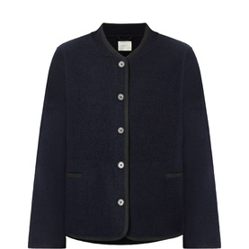 Anne Mi dark navy merino wool jacket with contrast black trim, collarless neckline, front button fastening and patch pockets