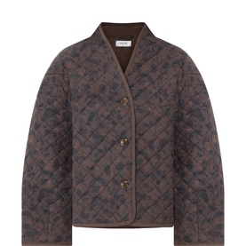 Anne Mi brown quilted cotton jacket with V-neckline, diamond stitching pattern, and tortoiseshell buttons