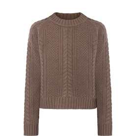 Anne Mi Dark Dun merino wool cable-knit jumper with crew neck, ribbed cuffs and hem, cropped silhouette