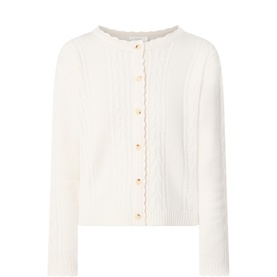 Anne Mi White Sand merino wool cardigan with scallop trim, gold buttons, and cable-knit front panel