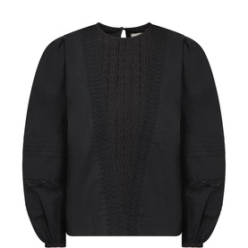 Anne Mi black cotton top with pintuck front panel, balloon sleeves, button cuff detail, and keyhole back neck