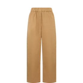 Anne Mi ermine wide-leg cotton trousers with elasticated waist, in a camel tone, flat lay product shot