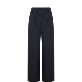 Anne Mi dark navy wide-leg wool trousers with elasticated waist, flat lay