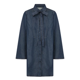 FRAME DENIM Rinse denim shirt dress with tie neck, button-front placket, and drawstring waist detail