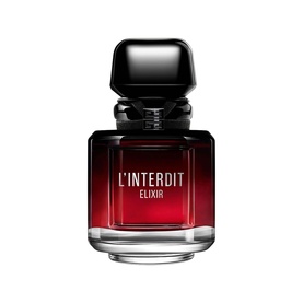 Givenchy L'Interdit Elixir Eau De Parfum in a deep red glass bottle with black cap and silver base detailing