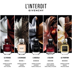Givenchy L'Interdit Elixir Eau De Parfum shown alongside four other L'Interdit flankers including Le Rouge, L'Iconique, L'Absolu and Le Parfum