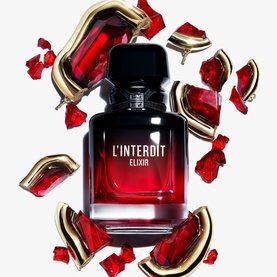 Givenchy L'Interdit Elixir Eau De Parfum, black and red bottle surrounded by ruby red gemstone fragments with gold accents