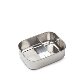 Liewood stainless steel lunch box with divided interior compartments, brushed silver finish, rectangular with rounded corners