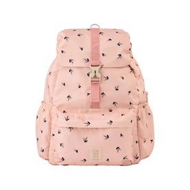 Liewood children's backpack in Rosey pink with bird print, front zip pocket, top buckle strap, and gold-tone hardware