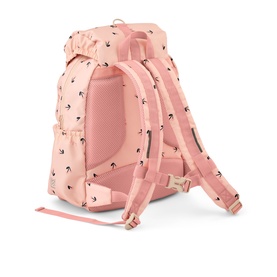 Liewood children's backpack in Rosey pink with cherry heart print, padded straps, gold buckle, and side pocket