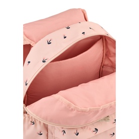 LIEWOOD backpack in Cherry Heart Rosey, open top view showing pink interior lining with navy swallow print pattern