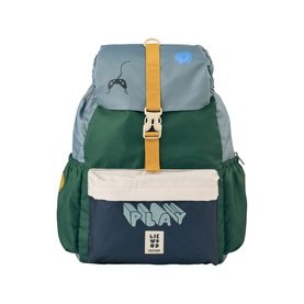Liewood children's backpack in Play multi mix colourway, colour-block design in blue, green and navy with mustard yellow buckle strap