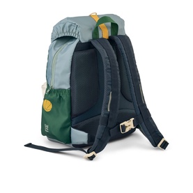 Liewood children's backpack in play multi mix, blue-green colourblock design with navy straps, yellow badge detail and mesh side pocket