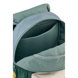 Liewood children's backpack in play multi mix, open top view showing teal interior with multiple pockets and dividers