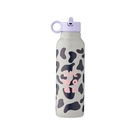 Liewood bottle in Mega Leo Mist, pale grey with dark cow-print pattern, pink graphic, lilac flip-top lid and carry loop