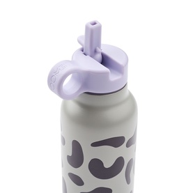 Liewood bottle in Mega Leo Mist, light grey with dark leopard print, lilac flip straw lid and carry loop