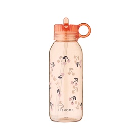 Liewood bottle in cherry heart rosey, pink transparent plastic with cherry print, coral lid and loop straw top
