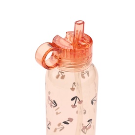 Liewood bottle in Rosey with cherry heart print, coral-tinted plastic, flip-top lid and built-in straw, close-up detail shot