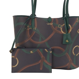 Lauren tote in green and brown equestrian-print faux leather, gold-tone hardware, green top handles and shoulder strap, with matching pouch