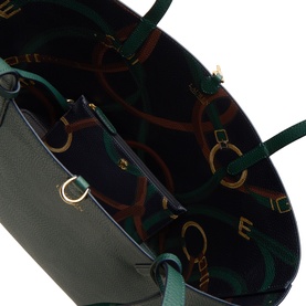 Lauren tote in season green and urban blue, showing patterned interior lining with gold-tone hardware and green top handles
