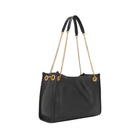 Lauren black leather tote bag with gold-tone chain and leather-wrapped straps, gold ring hardware detail, structured silhouette