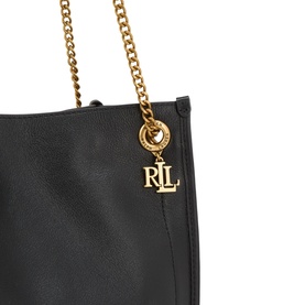Lauren black leather tote bag with gold chain strap and gold RL logo charm, close-up detail shot
