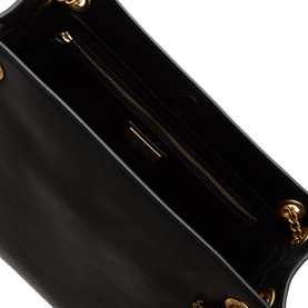 Lauren black leather tote bag interior view, showing gold-tone zip pocket and chain hardware detail