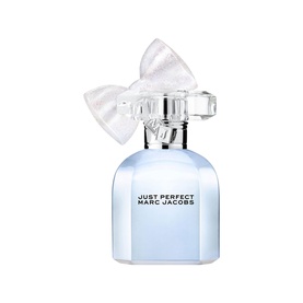 Marc Jacobs Just Perfect Eau de Parfum in a pale blue bottle with a white iridescent bow cap