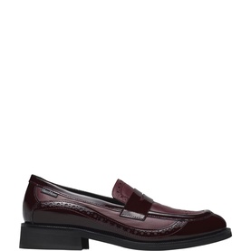 Marco Moreo bordeaux patent leather penny loafer with brogue detail and block heel, side view
