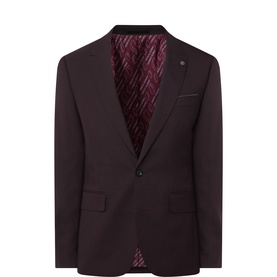 Remus wine suit jacket with single-button fastening, notch lapels, and patterned lining in 70% wool blend