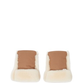 BiniBamba tan baby mittens with fluffy cream shearling cuffs and smooth suede-effect panels, shown as a pair