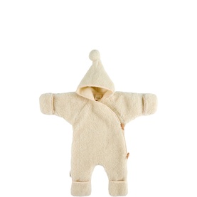 BiniBamba cream fleece baby snowsuit with pointed hood and pom-pom, spread star shape, wrap-front fastening