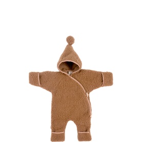 BiniBamba tan teddy fleece baby onesie with pointed pom-pom hood and wrap-front fastening, laid flat